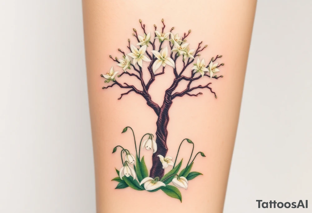 White flowering Lilly of the vally bell plants on the ground underneath a majestic blooming hawthorn tree tattoo idea