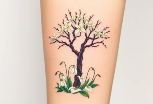 White flowering Lilly of the vally bell plants on the ground underneath a majestic blooming hawthorn tree tattoo idea