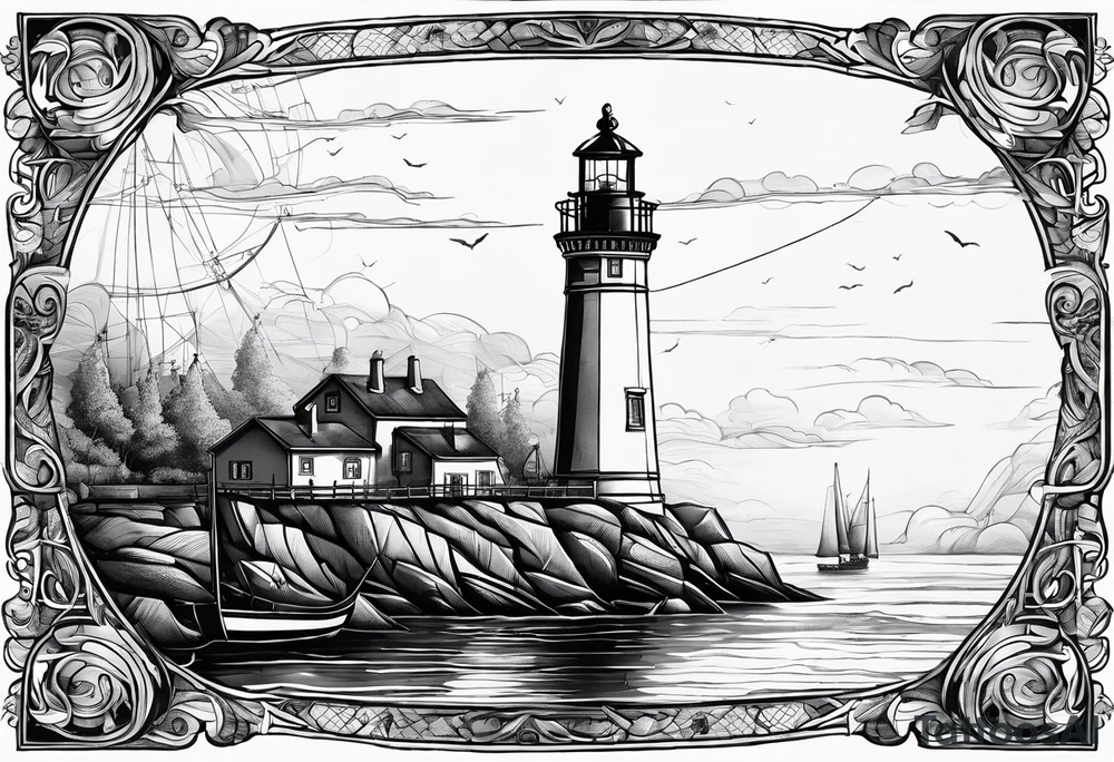 voilier vue de face. phare maritime fixé au centre du voilier et utilisé comme un mat pour les voiles. tattoo idea