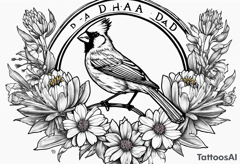 Aster flowers and sea rocket flowers with a cardinal around the words Dad tattoo idea