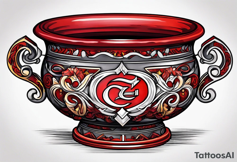 red cauldron with letter c in tattoo idea