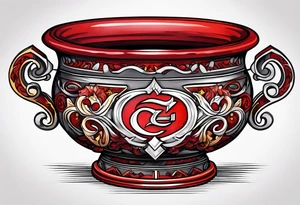 red cauldron with letter c in tattoo idea