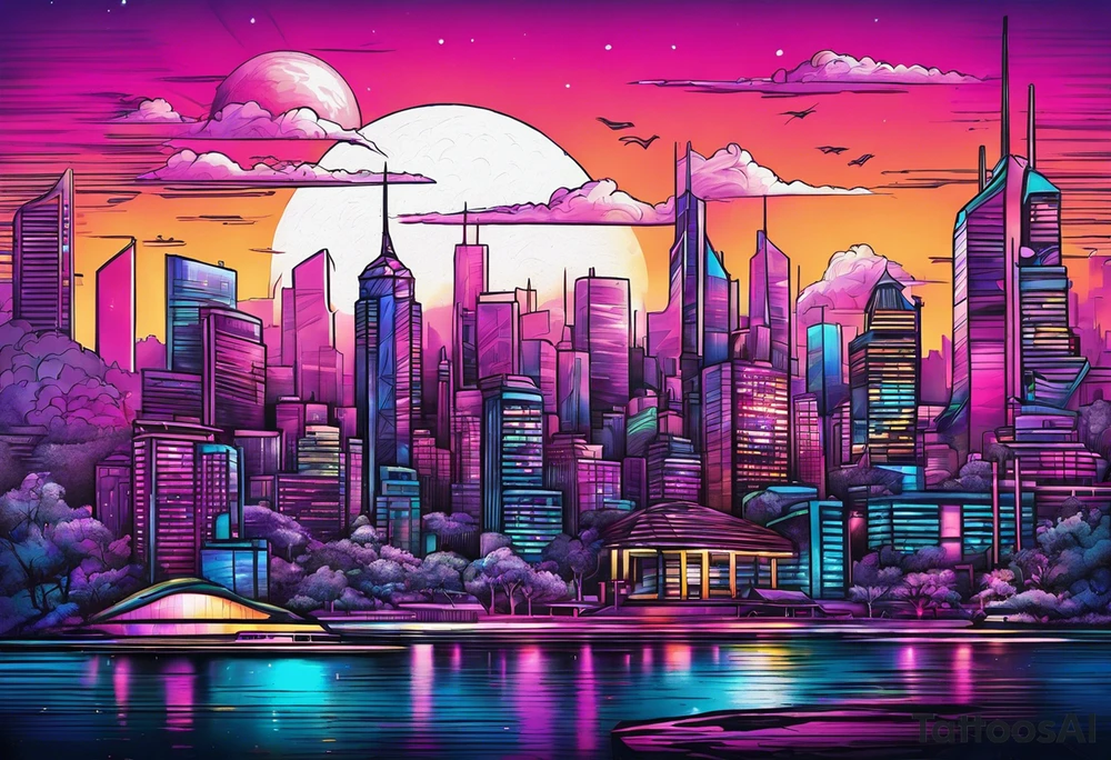 Synthwave cityscape tattoo idea