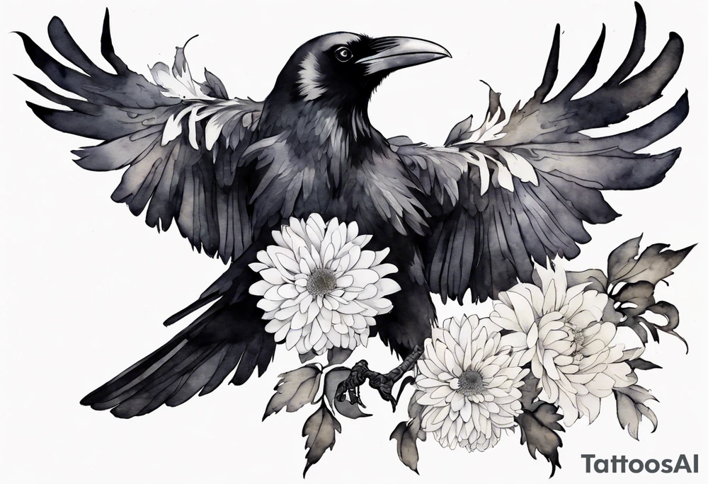 a raven wearing a white chrysanthemum tattoo idea