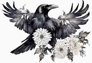 a raven wearing a white chrysanthemum tattoo idea