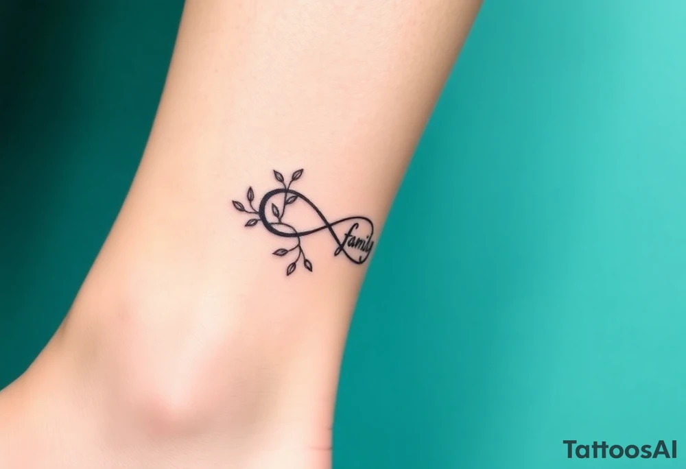 A delicate infinity symbol with intertwined vines, wrapped around the word "family," tattoo idea