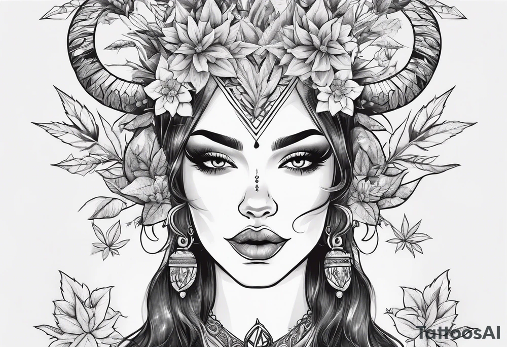 Weed  girl with horns with weed buds smoking a joint trippy backround tattoo idea