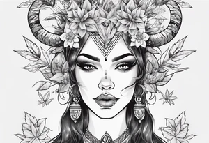 Weed  girl with horns with weed buds smoking a joint trippy backround tattoo idea