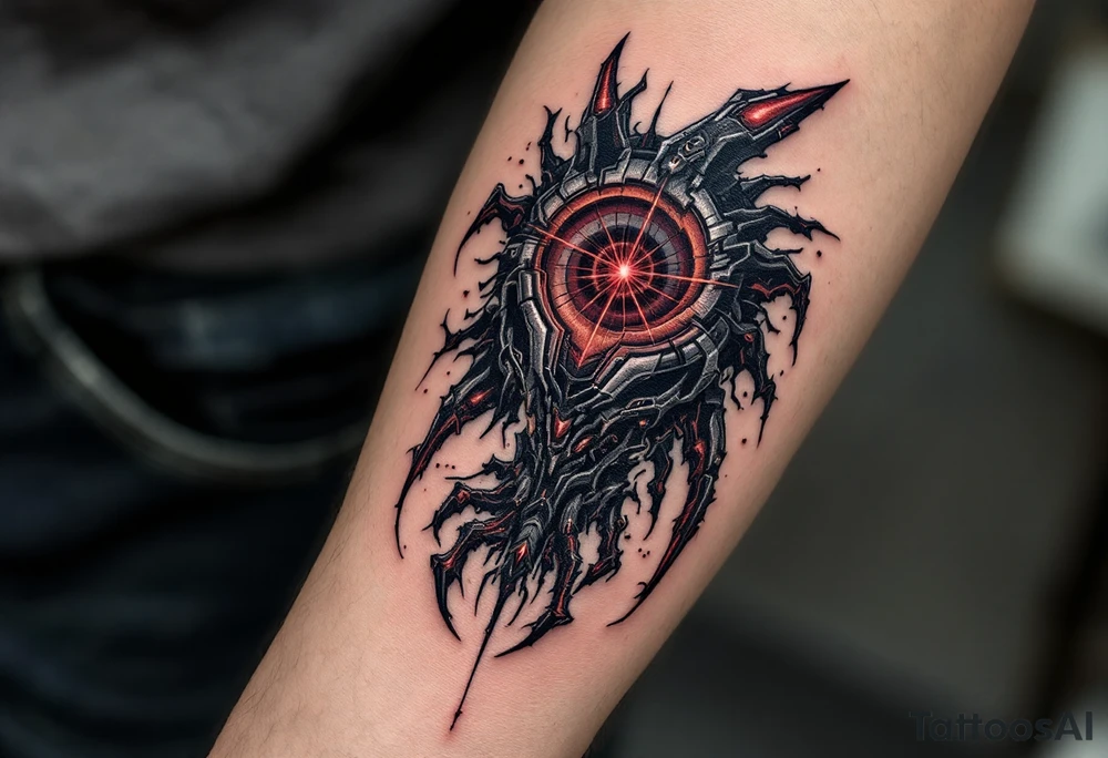 A shadowy mech-erm inked in matte black with accents of silver and a central pulsar in deep red. tattoo idea