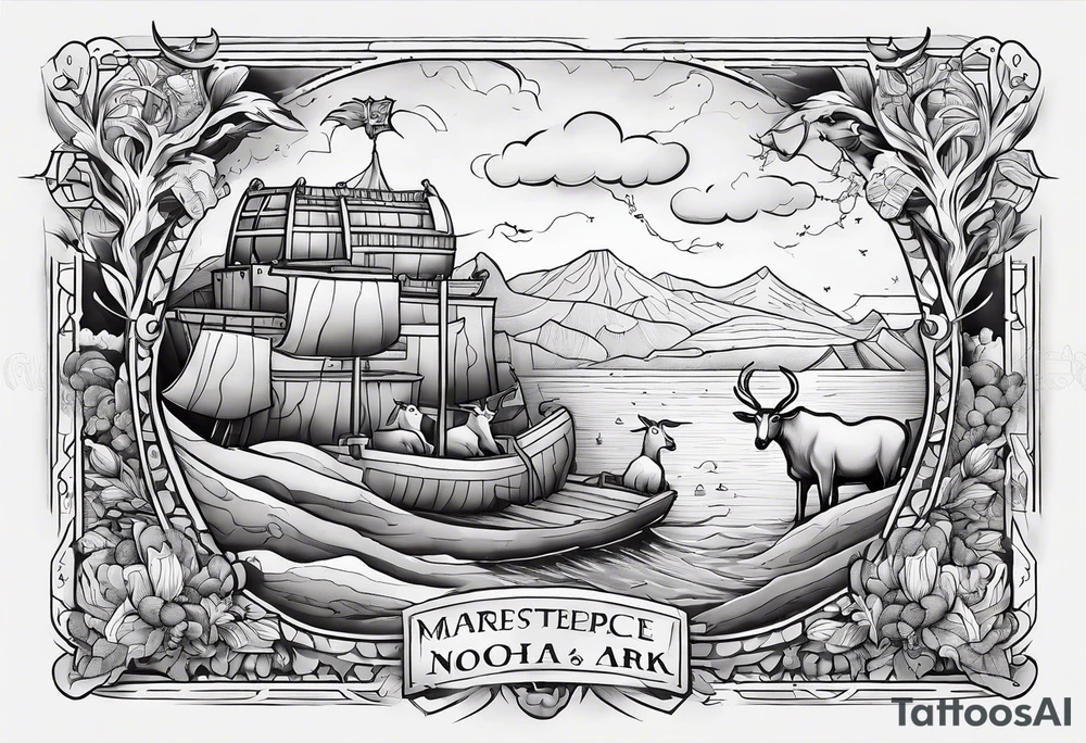 Noah's ark with a badger, a goat and a reindeer inside the outlines of Map of Mallorca behind tattoo idea