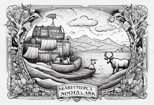 Noah's ark with a badger, a goat and a reindeer inside the outlines of Map of Mallorca behind tattoo idea