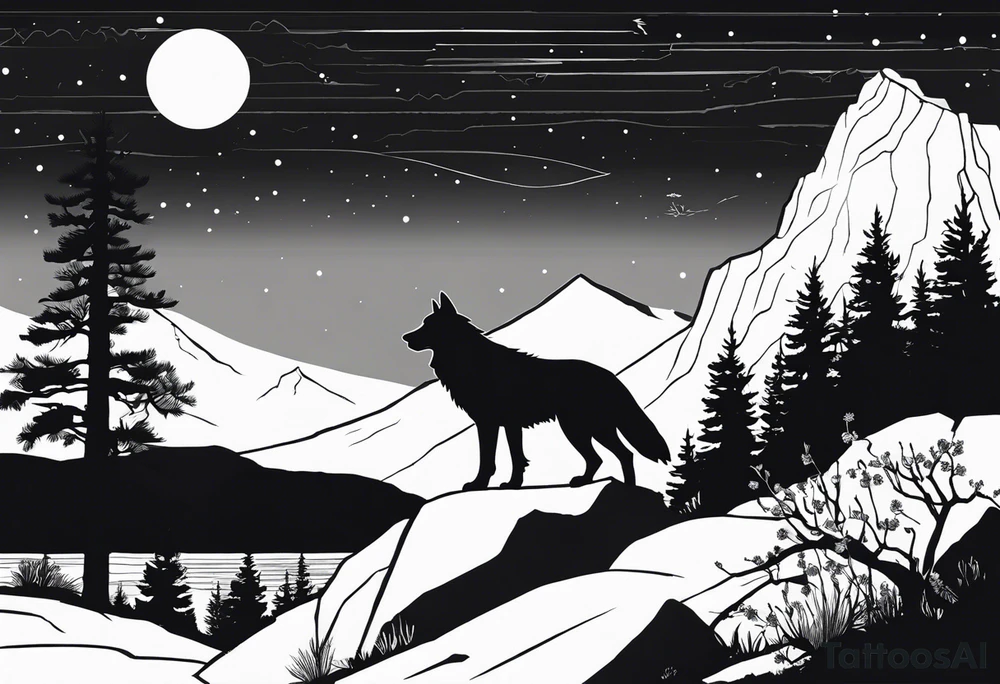 Black and white silhouette illustration of a majestic, bioluminescent wolf and eagle perched on a rocky mountain. The wolf and eagle are outlined in bold black lines, with a subtle glow suggested through radiating shapes around their forms. The surrounding landscape features silhouettes of glowing flowers, trees, and a winding river, all outlined simply. The overall atmosphere captures a sense of magical wonder, with the focus on the stark contrast of the glowing figures against the minimalist background. tattoo idea