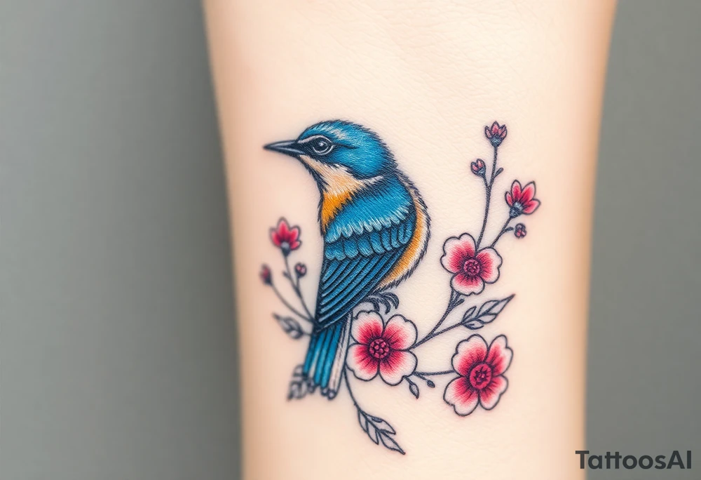 Angry bluebird surrounded by wild flowers tattoo idea