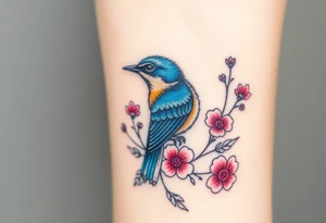 Angry bluebird surrounded by wild flowers tattoo idea