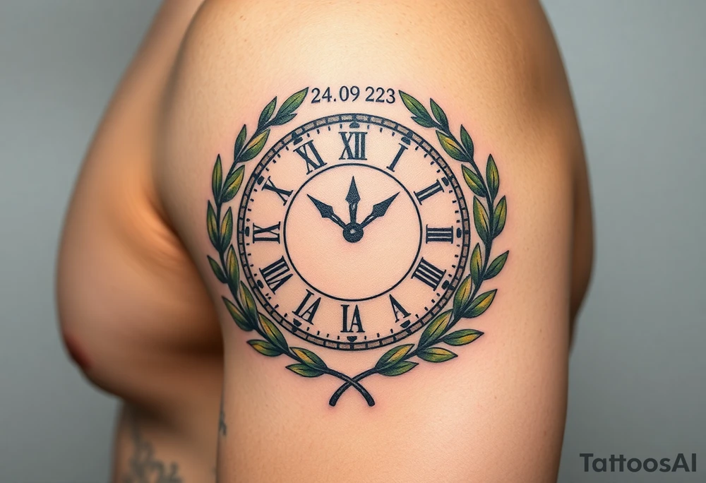 A Roman numeral clock surrounded by olive branches, included baby´s name "Erik" and birth date "24. 09. 2023 in muted green and gold tattoo idea