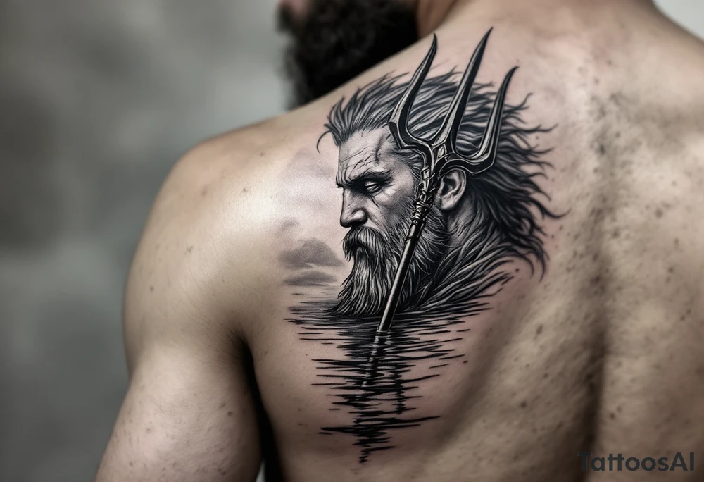 poseidon with trident half way in calm water tattoo idea