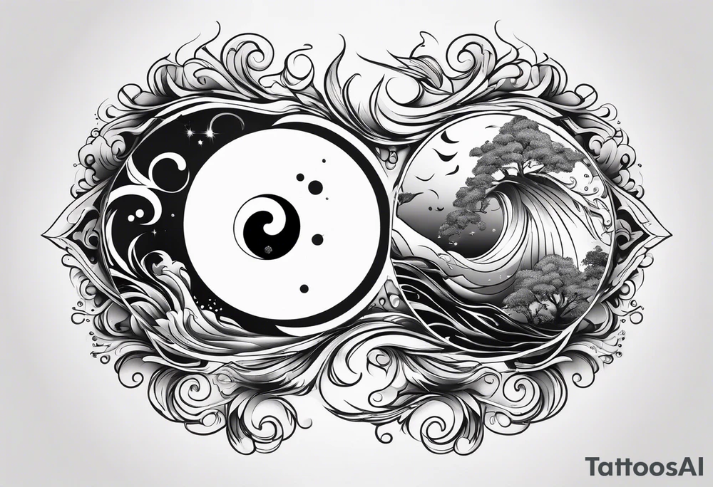 Yin Yang of fire and water together with technology and nature tattoo idea