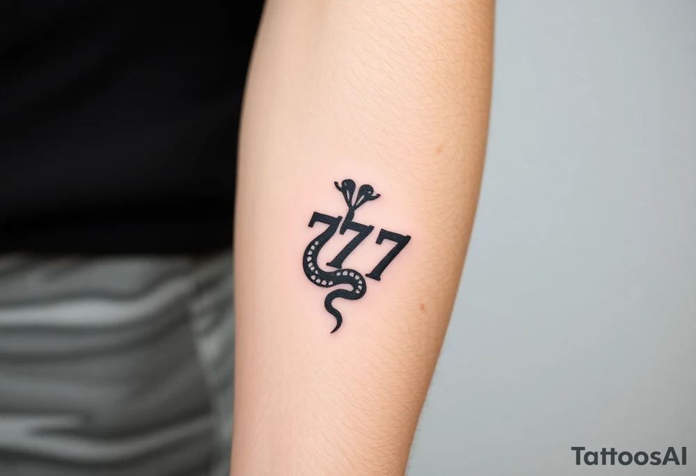 Minimalist black ink tattoo design of a small snake coiled around the number 777. tattoo idea