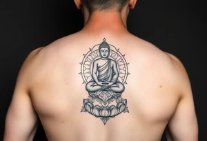 full leg tattoo with buddha above knee, using sacred geometry and space themes tattoo idea