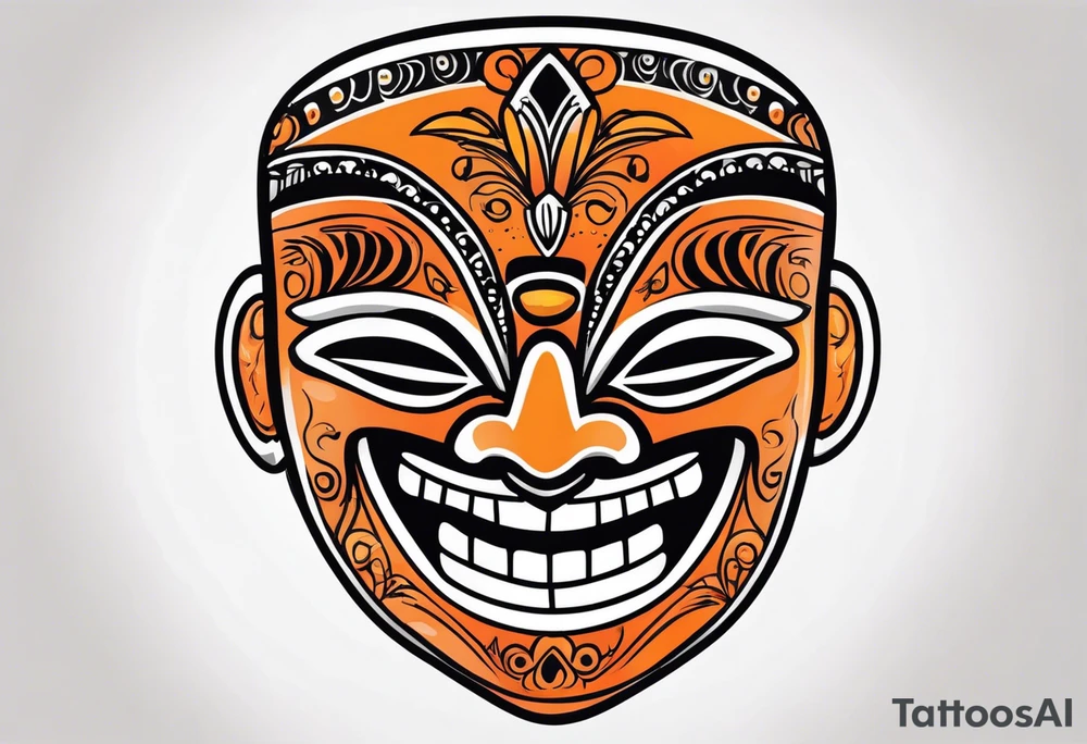 Laughing Mexican mask that is orange and black simplistic tattoo idea