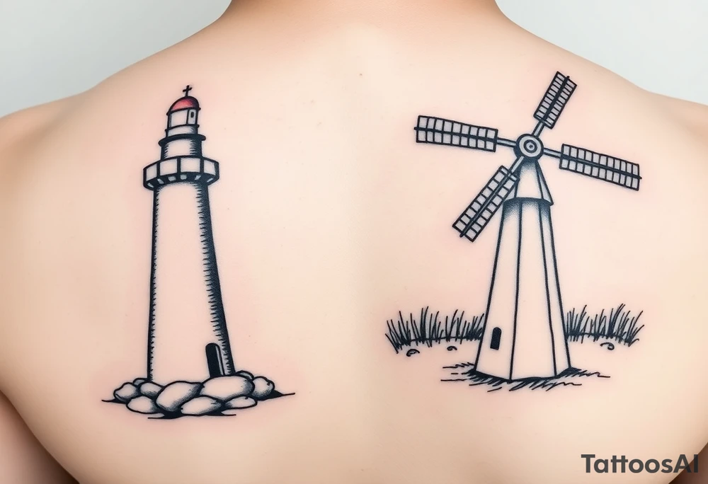 Left side of lighthouse and right side of farm windmill. Simple lines minimalist slightly offset tattoo idea