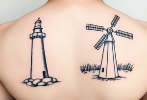 Left side of lighthouse and right side of farm windmill. Simple lines minimalist slightly offset tattoo idea