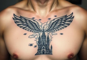 tattoo only  n the left side of the chest, paratrooper wings in the clouds with helicopters and paratroopers on their feet and below the church of cyril and methodius from prague tattoo idea