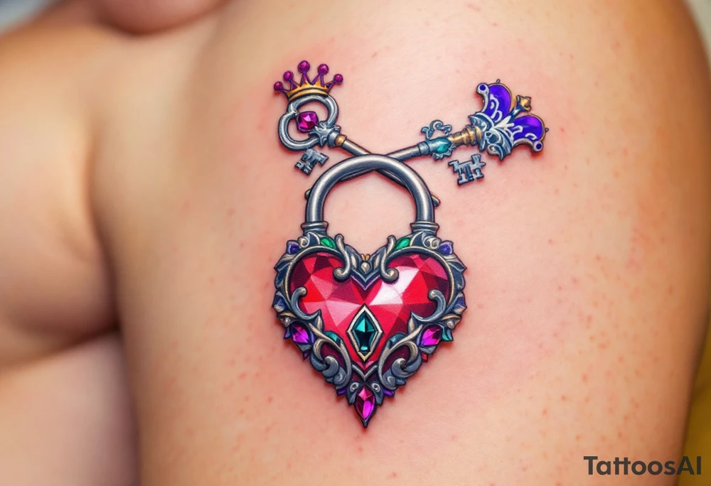 Two crossed keys placed above a large heart-shaped lock, each key featuring different ornamental details, like crowns or intricate scrolls. Silver for the keys with touches of royal purple and emerald green for ornamental accents, and a ruby-red lock. tattoo idea