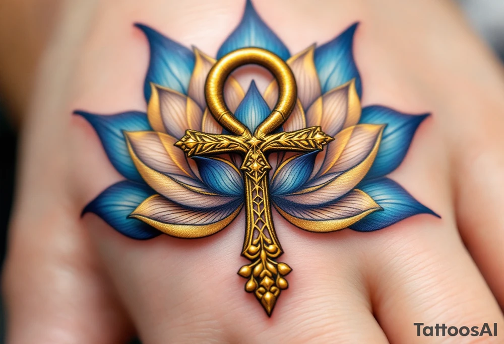 A golden Ankh symbolizing eternal life, wrapped in deep blue lotus petals tattoo idea