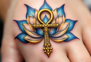 A golden Ankh symbolizing eternal life, wrapped in deep blue lotus petals tattoo idea