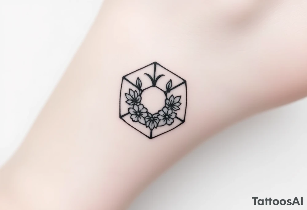 Hexagon with astrological sign for Leo, larkspur and water lilies in the center tattoo idea