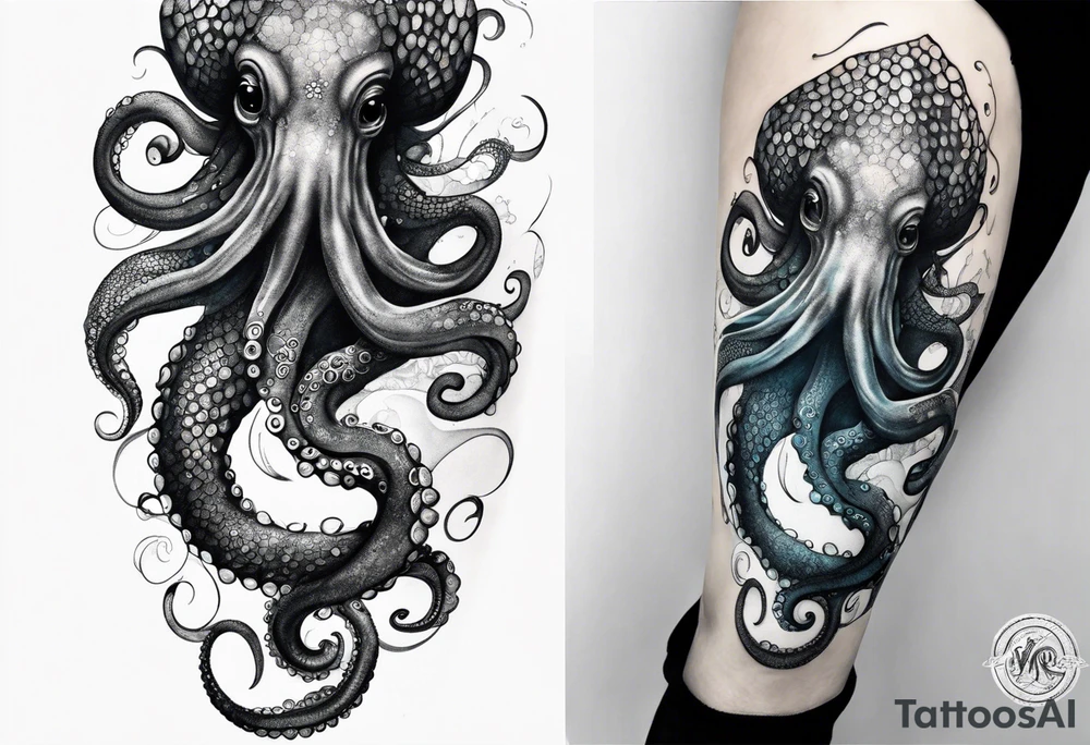 Lower leg sleeve. Large blue ring octopus holding and looking up at mermaid tattoo idea