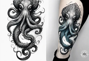 Lower leg sleeve. Large blue ring octopus holding and looking up at mermaid tattoo idea