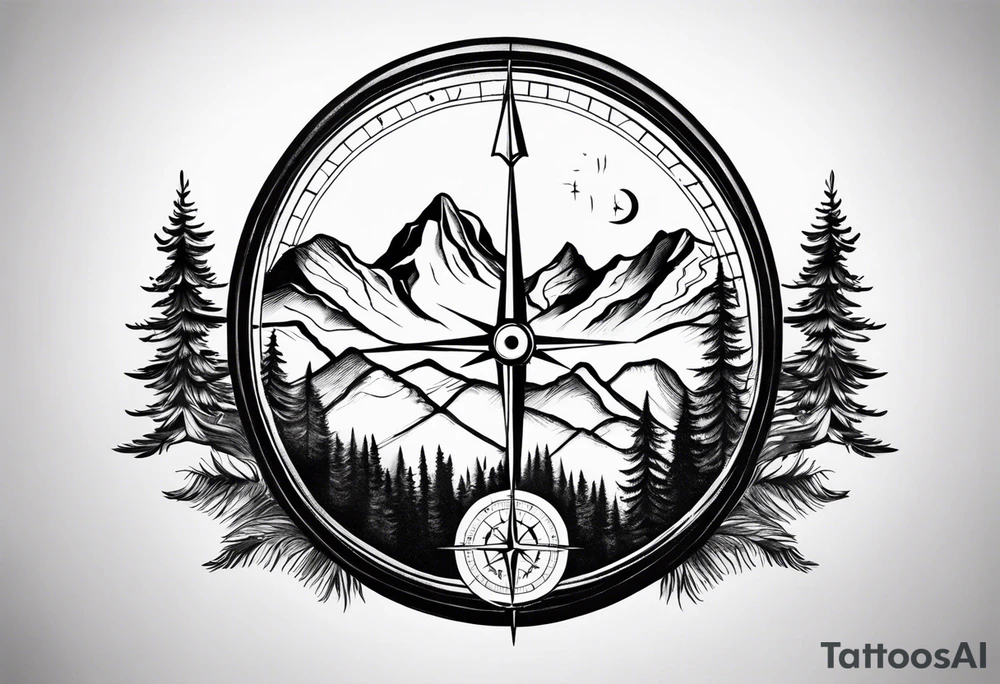 compass with mountains, trees, tavel inspired tattoo idea