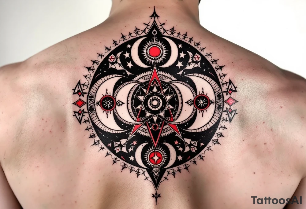 A black and crimson protective circle with mirrored crescent moons and protective sigils inside. tattoo idea