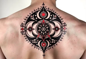 A black and crimson protective circle with mirrored crescent moons and protective sigils inside. tattoo idea