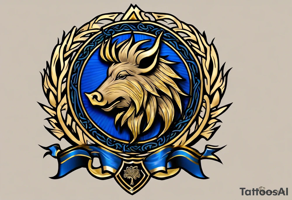 A classic tribal Celtic boar Integrated with a Chatwin, family crest and a Thistle. Simple with few lines. Blue and gold Chevron Chatwin family crest With the name, Chatwin and a Thistle tattoo idea