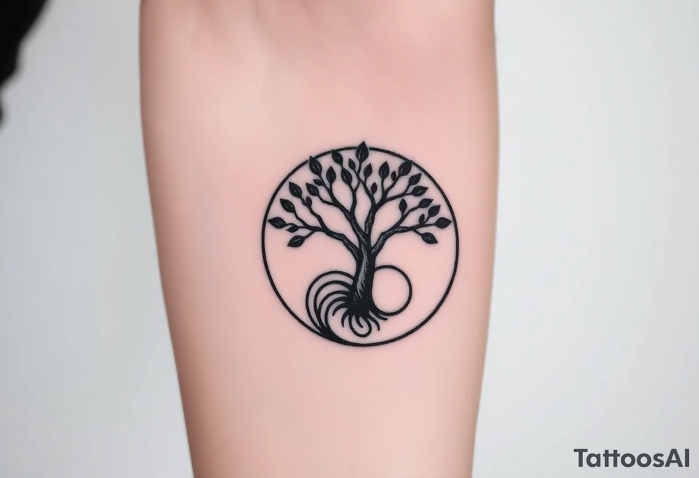 Tree with few leaves, encircled in a circle, with a SPIRAL line starting from the left side of tree and spiraling outward in a clockwise direction tattoo idea