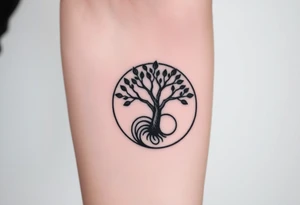 Tree with few leaves, encircled in a circle, with a SPIRAL line starting from the left side of tree and spiraling outward in a clockwise direction tattoo idea