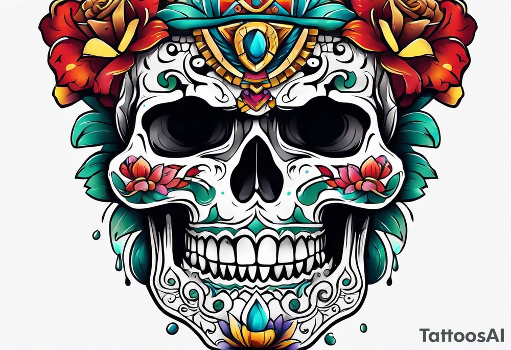 Mayan skull with mouth as cave with water coming out tattoo idea