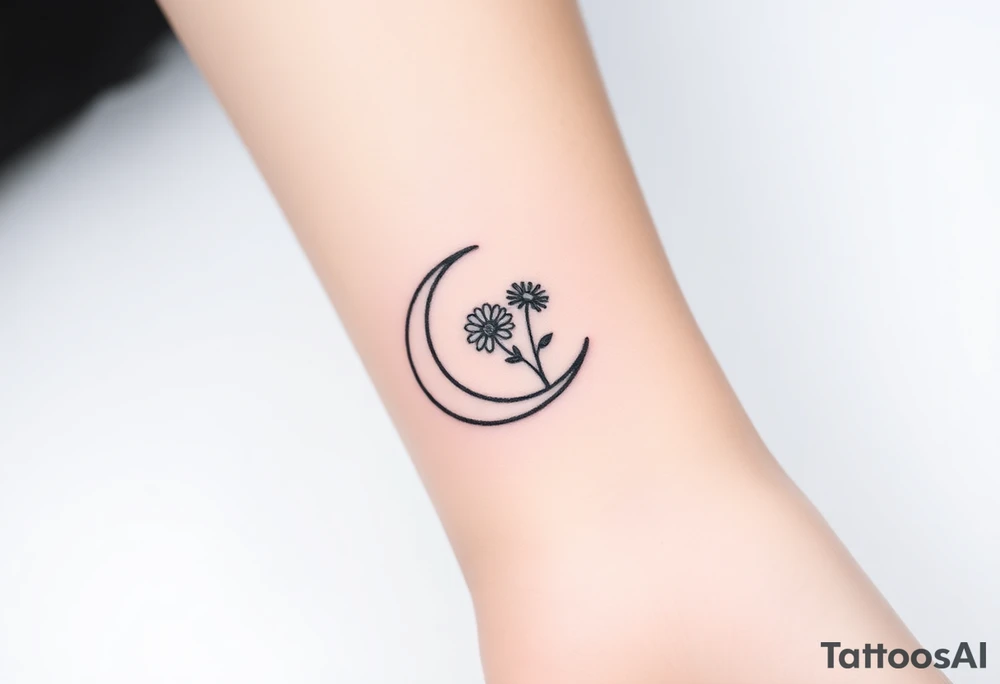 Small black and white tattoo waxing crescent moon with small Daisy birth flower and tiny Leo gliph tattoo idea
