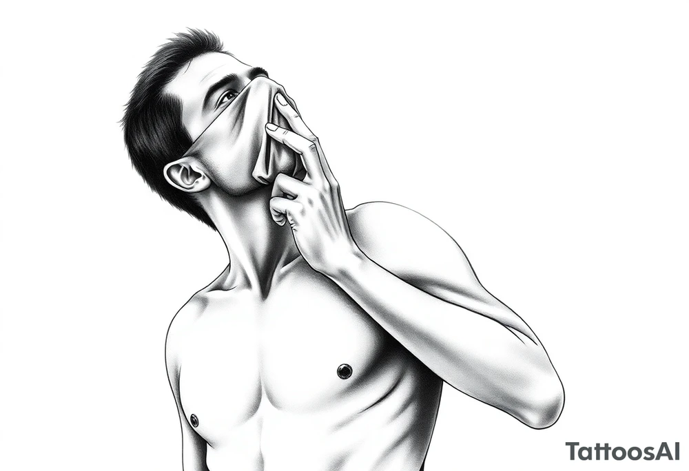 a naked man covering his eyes and mouth with a cloth with no emotions and looking up the sky tattoo idea