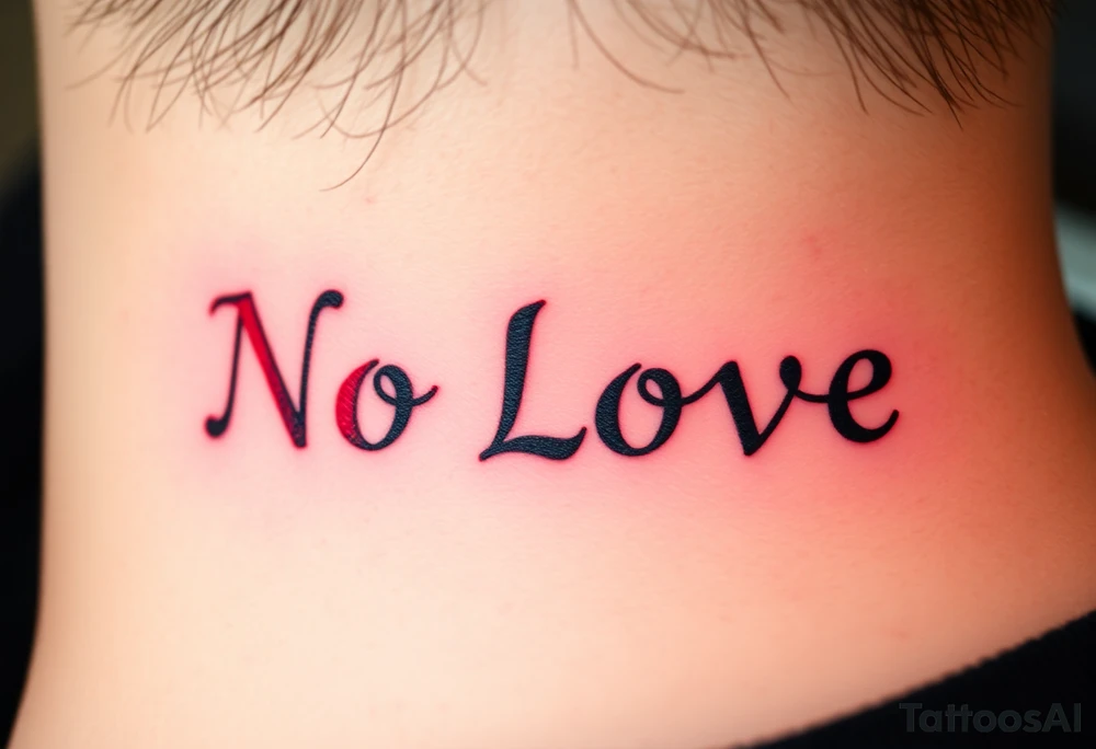 Red and black letters spell the word NO LOVE tattoo idea