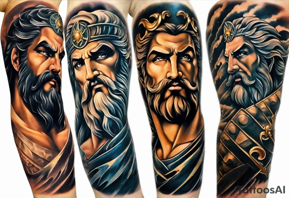 Full left arm tattoo sleeve with the Greek gods, Zeus, Poseidon and Hades. Zeus' face with a lightning bolt coming out of one eye is at the left shoulder, Poseidon's  face with a trident as one of his eyes is at the left upper arm and Hades' face with 
a bident as one of his eyes is at the left forearm. tattoo idea