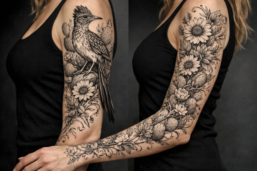 Medium size roadrunner with long tail feathers surrounded by cactus and wildflowers including sunflowers and Indian paint brush flowers from shoulder onto hand with vines and flowers tattoo idea