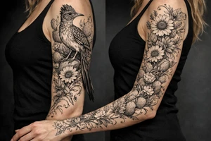 Medium size roadrunner with long tail feathers surrounded by cactus and wildflowers including sunflowers and Indian paint brush flowers from shoulder onto hand with vines and flowers tattoo idea