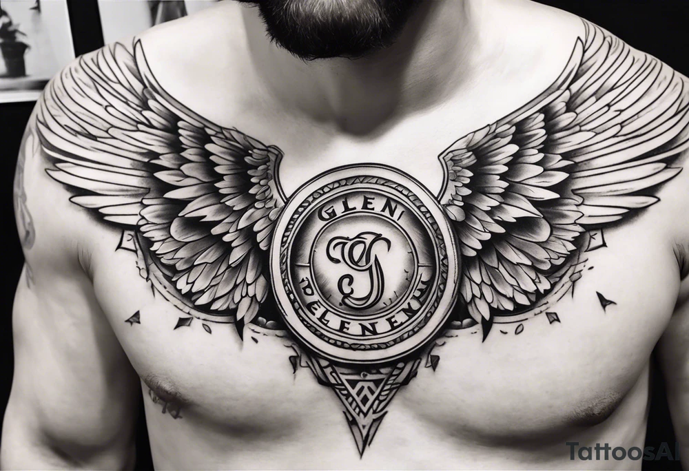 A simple tattoo with the word Glenn on a banner with angel Wings tattoo idea