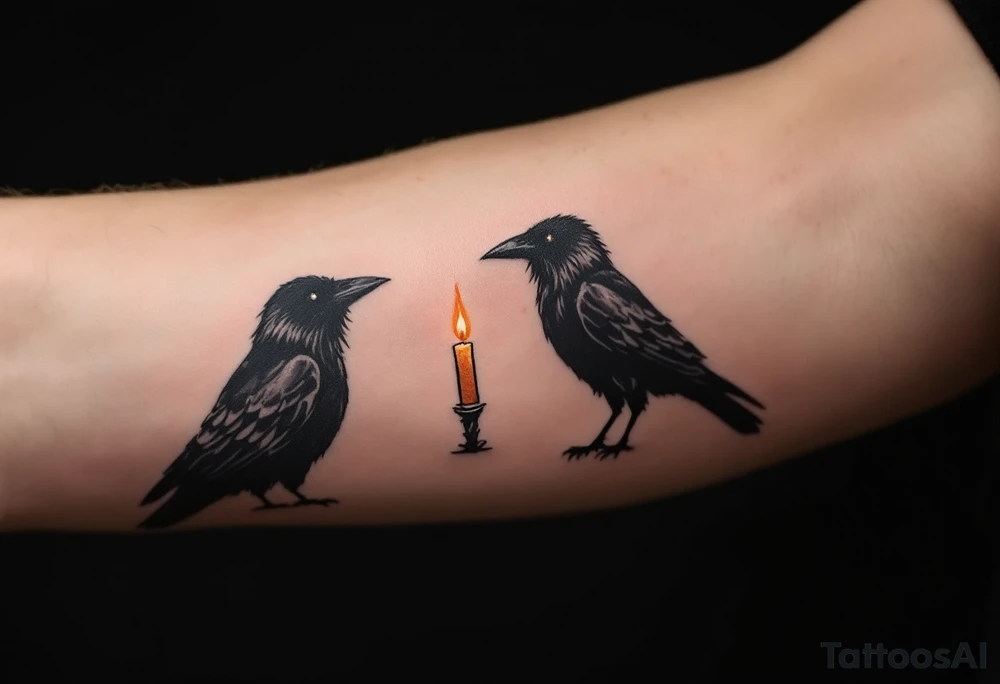 Crow and Candle – A black crow watching a flickering candle, flame done in muted gold and smoky orange tones. Gothic, moody vibe. tattoo idea
