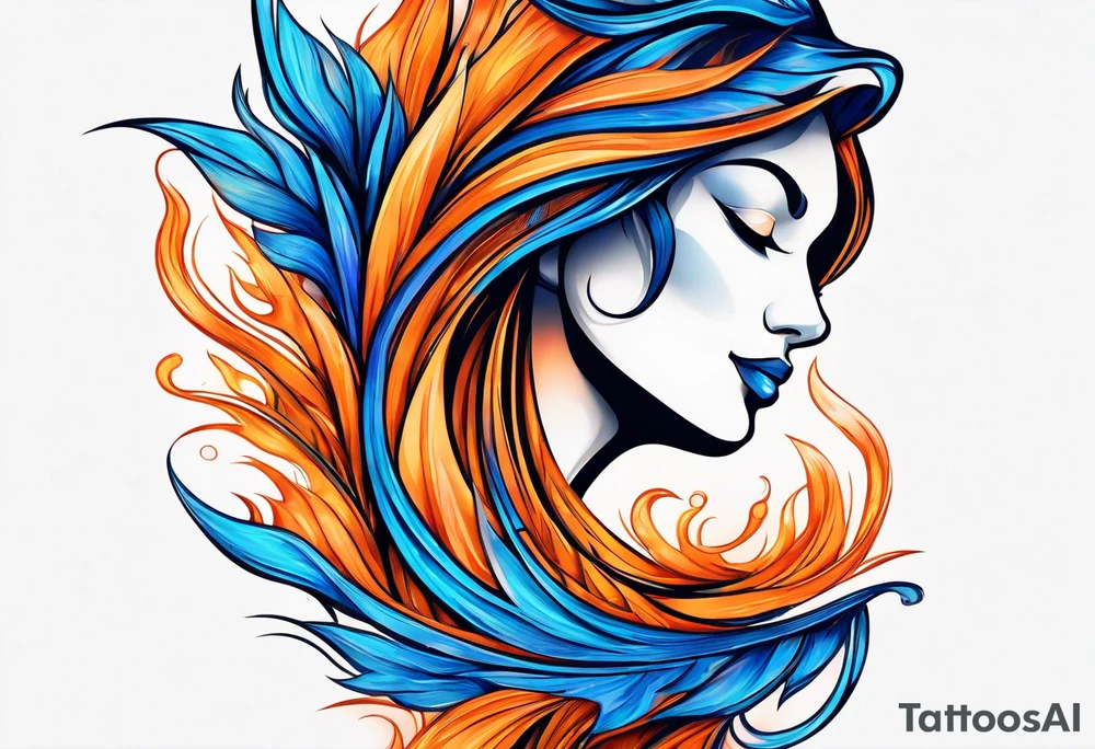 Blue and orange flame that has a half square thin line border. Twin flame symbol tattoo idea