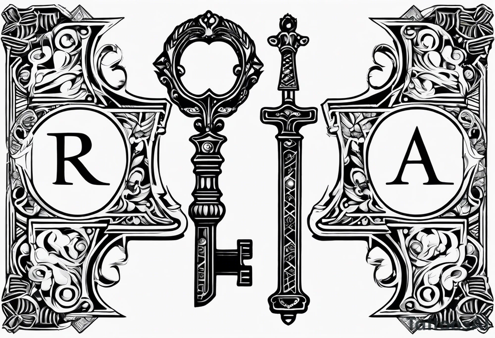 The word KEYRA made as an antique key with the two teeth being the alphabetical letter RA tattoo idea